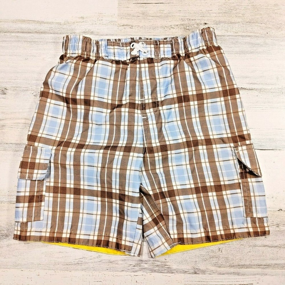 Jumping Beans Boys Swim Trunks Size 7 Brown Plaid Mesh Liner Cargo Pockets